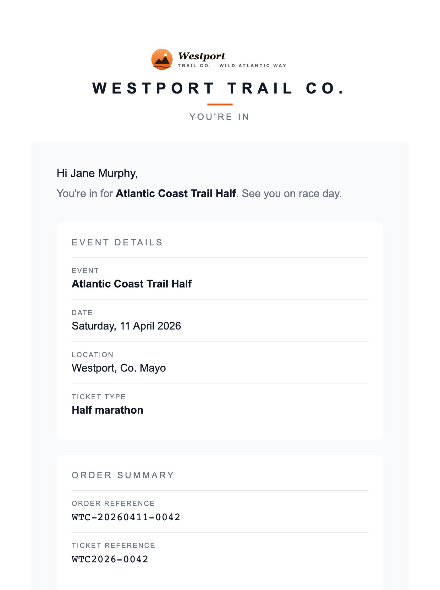 Booking confirmation email in the organiser's own brand