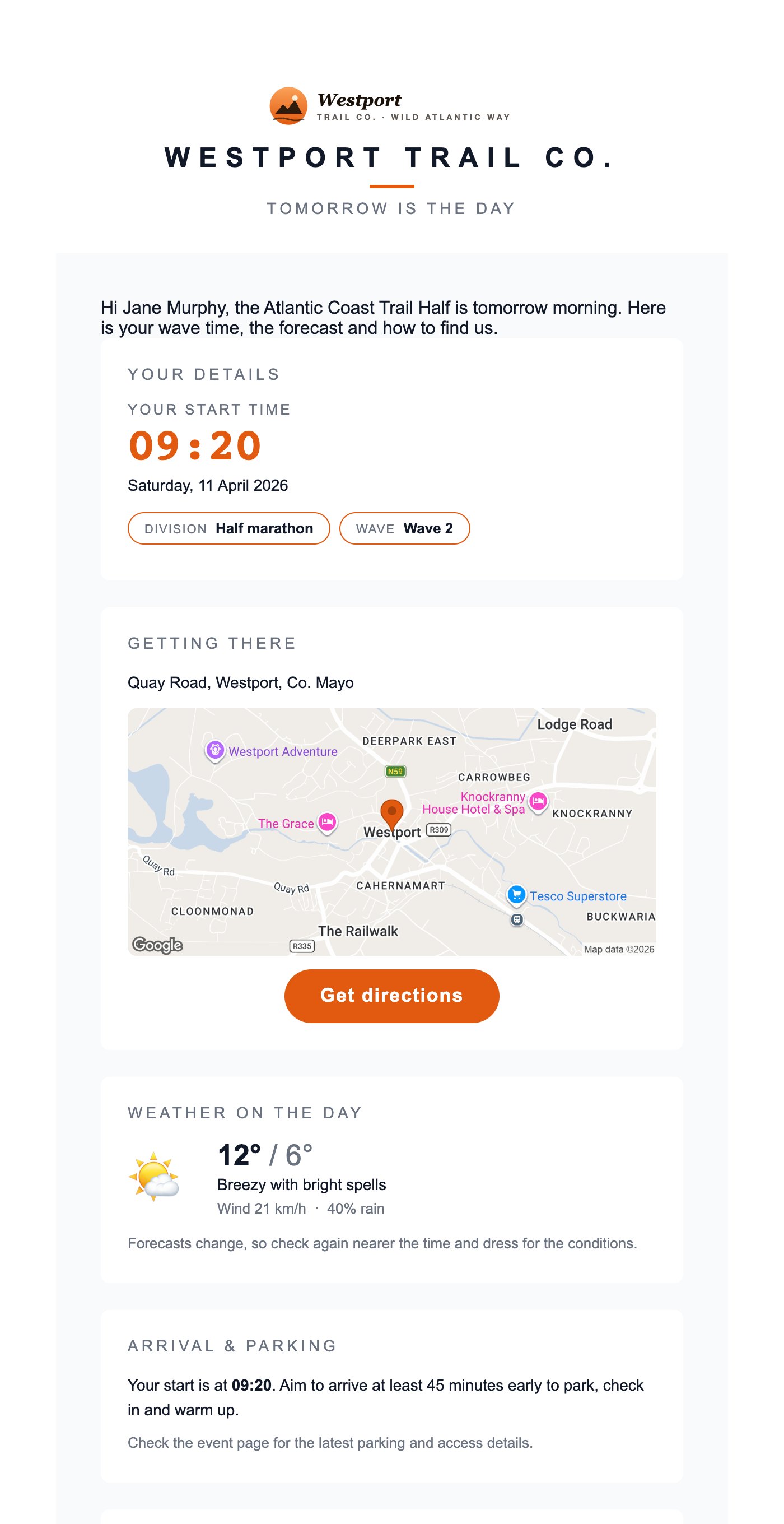 Race-week prep email in the organiser's brand: start wave, weather forecast and directions