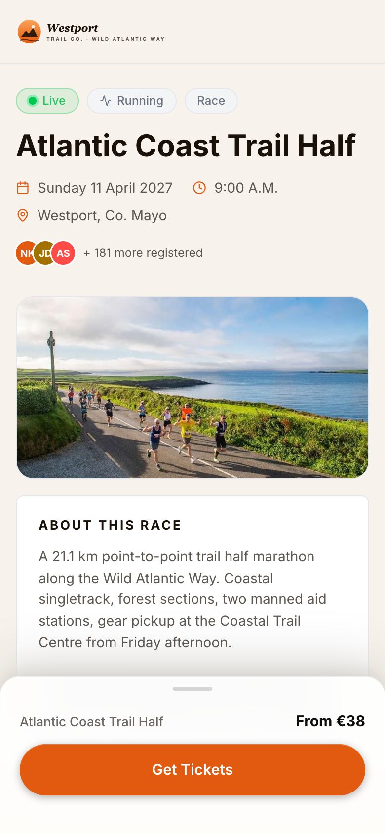 Atlantic Coast Trail Half event page in the organiser's brand